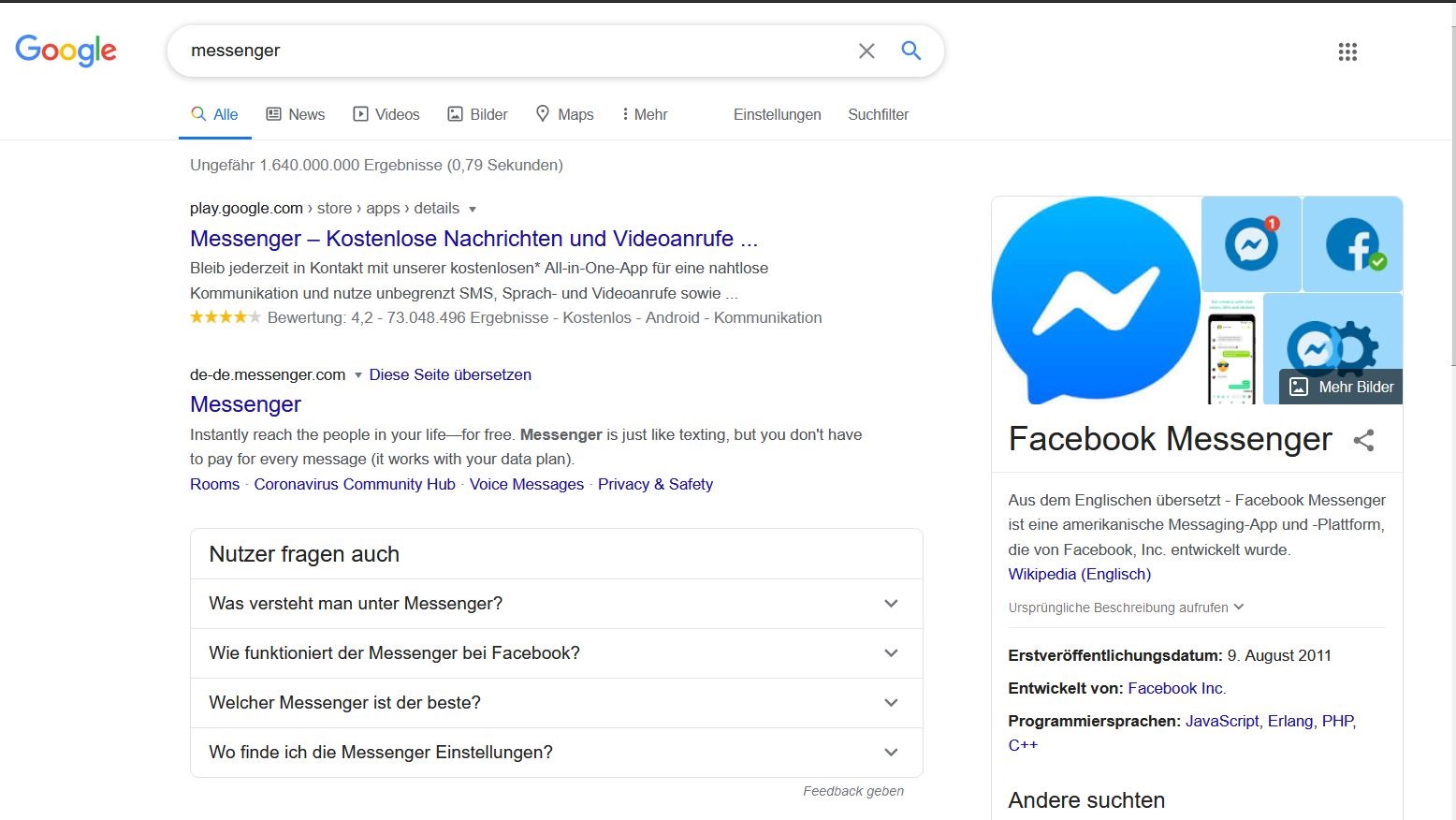 Google-Suche nach Messenger, das erste Ergebnis ist eine bescheuerte App von Facebook